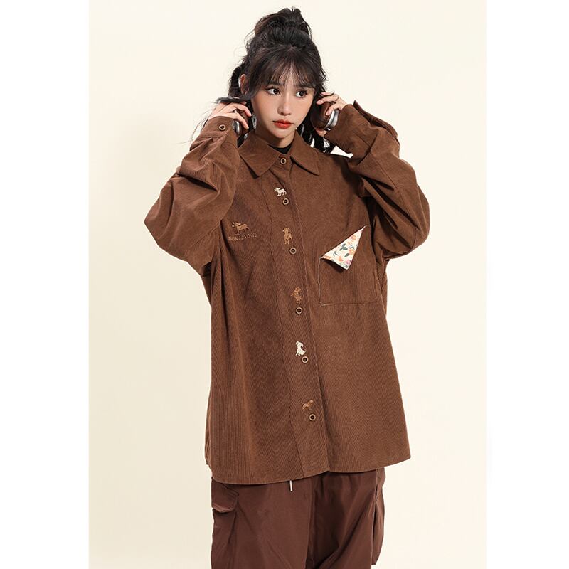 [YOYO Series]★Shirt★ 2color long sleeve shirt corduroy unisex men's cartoon apricot coffee color