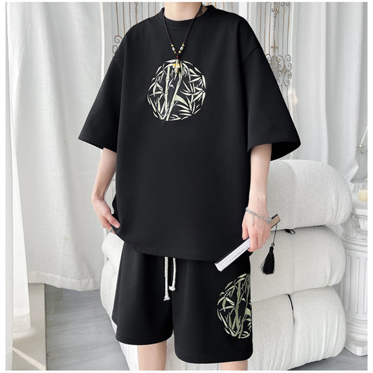 [BIGEMAN Series] Chinese-style set-up, T-shirt + shorts, 2 colors, embroidery, unisex, men's, large size, cool, casual