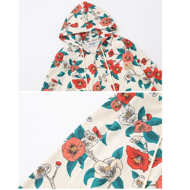 [BEAT BOY Series]★Outerwear★ Parka with zipper, unisex, men's and women's printed jacket, hooded, floral pattern, red