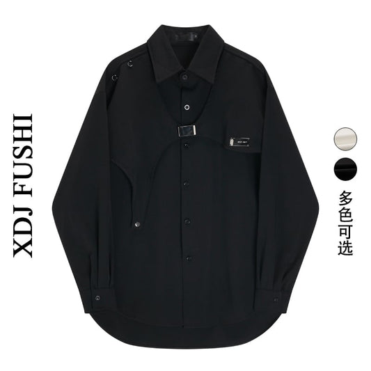 [XDJ FUSHI Series]★Shirt★ 2color Long Sleeve Shirt Tops Unisex Men's Black White Irregular