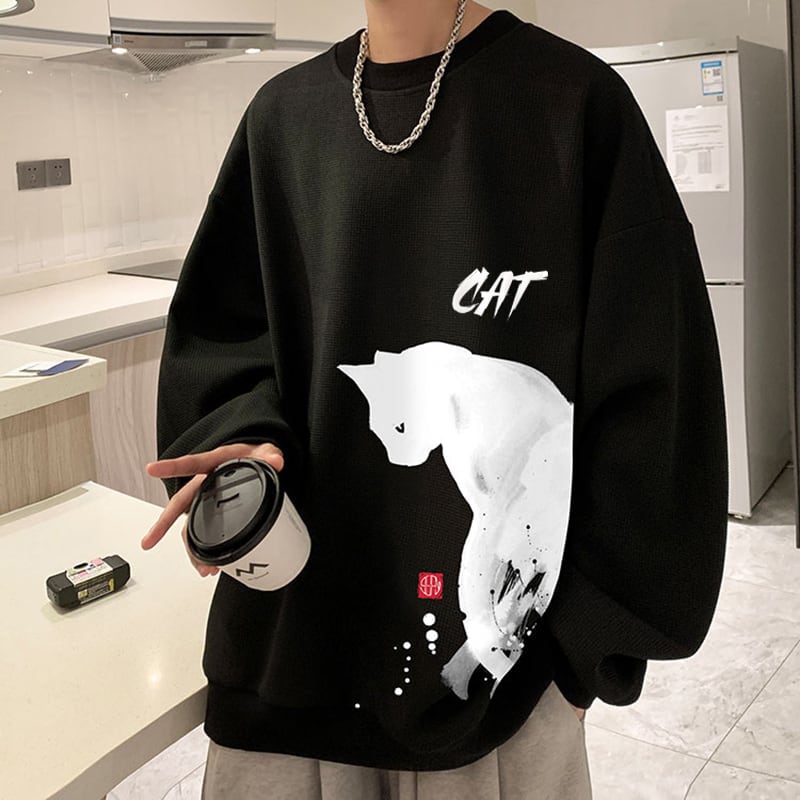 [WUSHE Series] ★Tops★ 4color long sleeve tops sweatshirt unisex men's large size cat cat cat black white gray blue