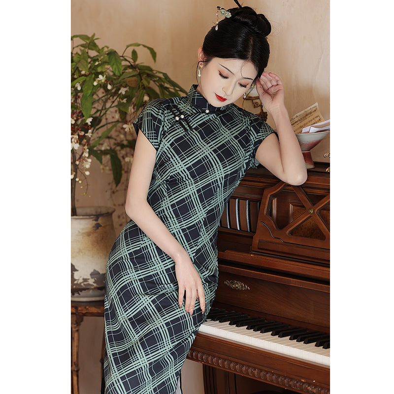 [HLQ Series] ★Chinese Dress★ Chinese-style dress, check pattern, slimming, date, wedding, elegant