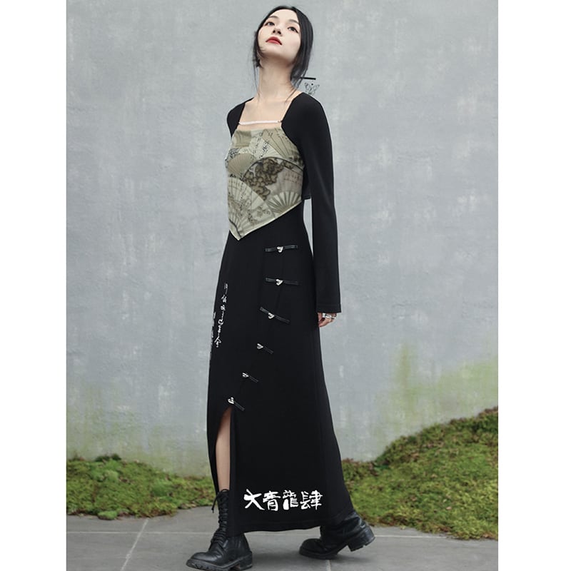 [Big Blue Dragon Series] ★China style dress★ Fake layered letter pattern slimming change black black