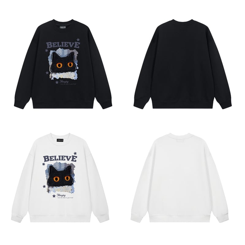 [Satoru Series] ★Tops★ 2color Sweatshirt Unisex Men's Cat Cat Pattern Cat Pattern Cat Black White