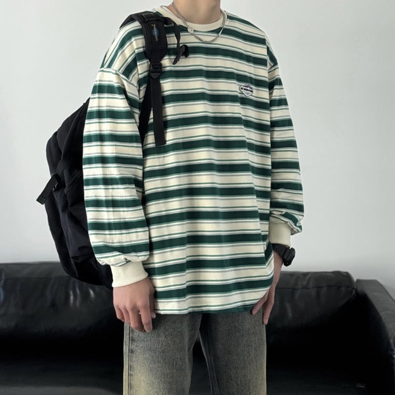 [V37 Series] ★Tops★ 2color sweatshirt unisex men's horizontal striped striped pattern black green easy to match