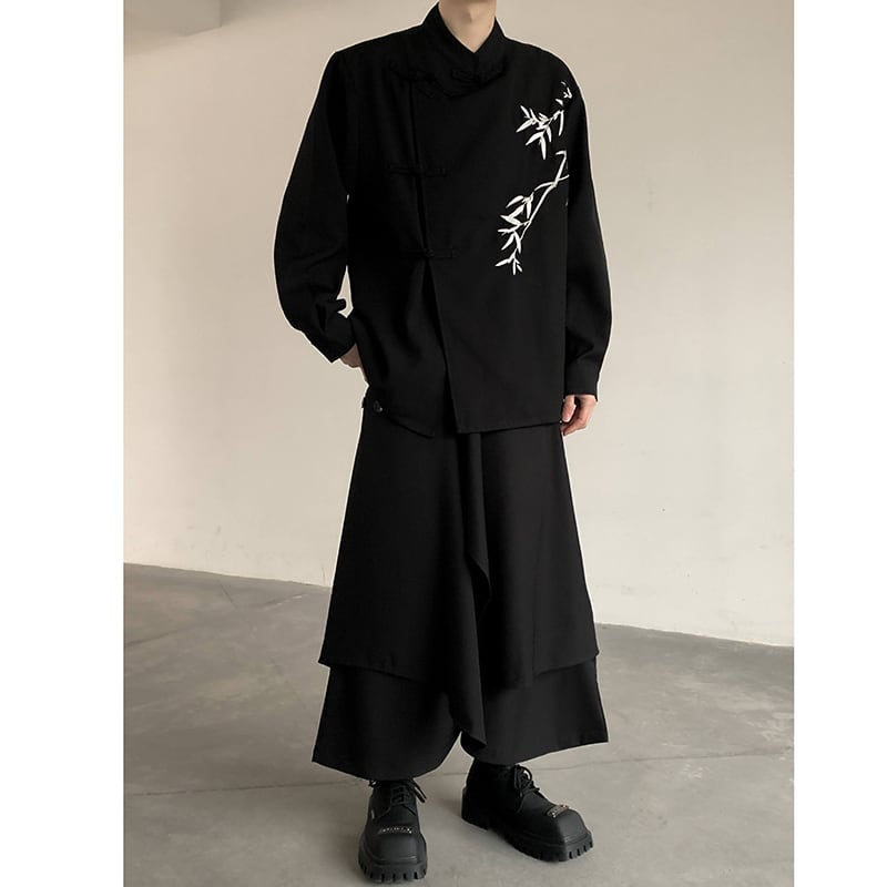 [Illustrated series] ★China style shirt★ Tops Bamboo embroidery Unisex Men's Black Cool