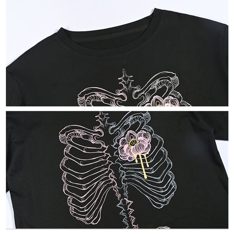 【古怪舍---花骨シリーズ】★チャイナ風トップス★ 2color 半袖 Tシャツ プリント 個性的 オリジナル ブラック ピンク