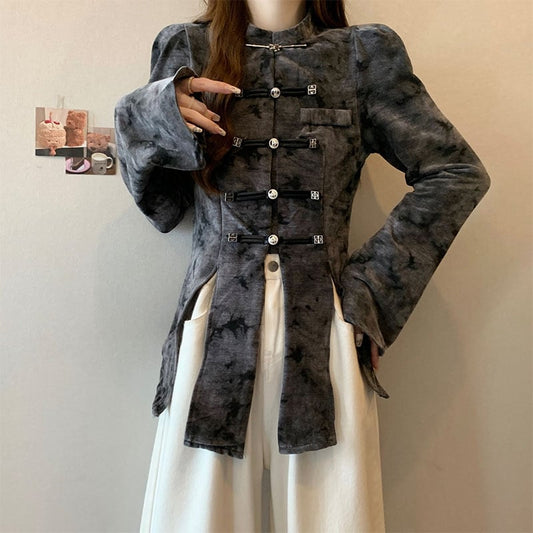 【AIYITIシリーズ】★チャイナ風トップス★ 2color トップス シャツ スリット 絞り染め 中華服 個性的