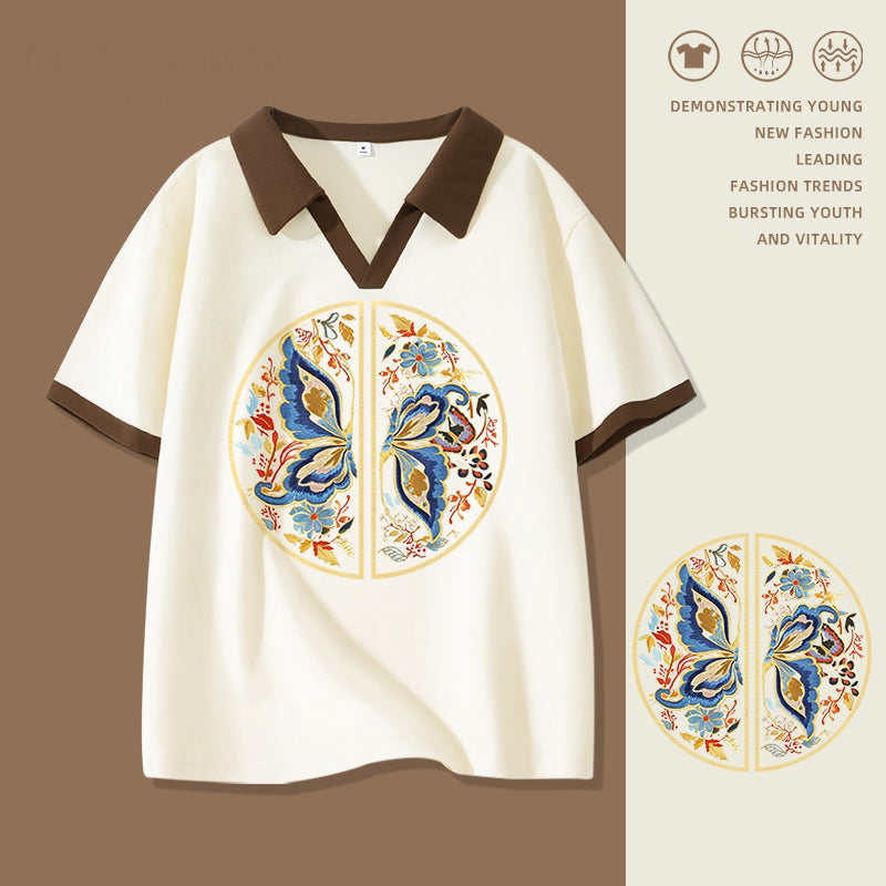 [LXBE series] ★Chinese style tops★ 3 colors Tops Short sleeve POLO shirt V-neck Cute butterfly