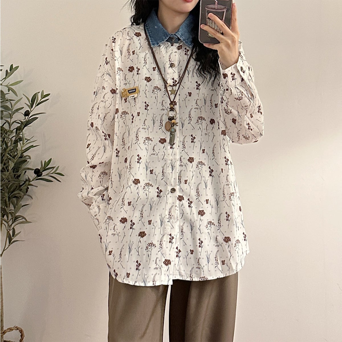 ✿New item! [UATONLINE Series]★Shirt★ Long sleeve shirt, floral pattern tops, unisex, men's, switching print