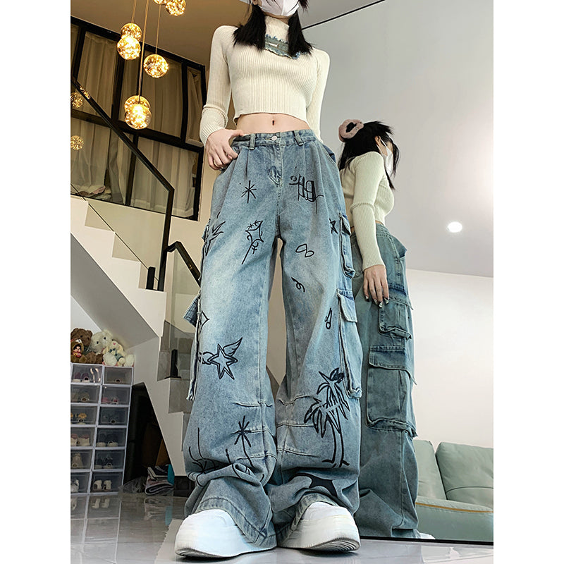 [Rosepoem Series] ★Denim pants★ Trousers Bottoms Casual Unisex Graffiti Blue