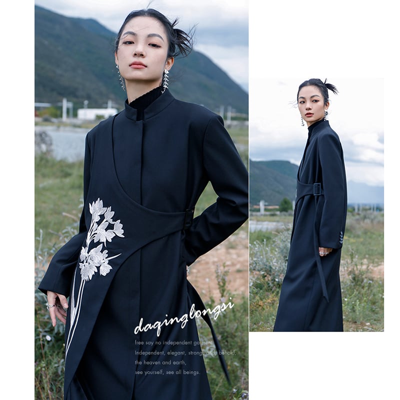 [Big Blue Dragon Series] ★China style outerwear★ Long length embroidery irregular black black original floral pattern