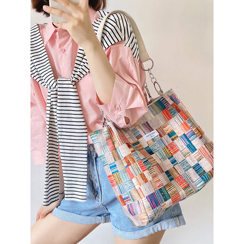 [JaneBeauty Series]★Bag★ Shoulder Large Capacity Graffiti Print Commuting Office Lady Date School Plaid Pattern Graffiti Color