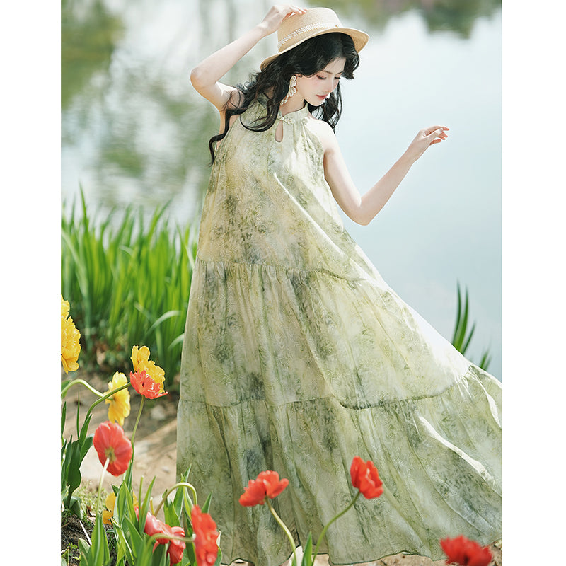 [XIXI Series] ★Chinese-style dress★ Hanging dress, floral pattern, cute, for dates, commuting, weddings, green