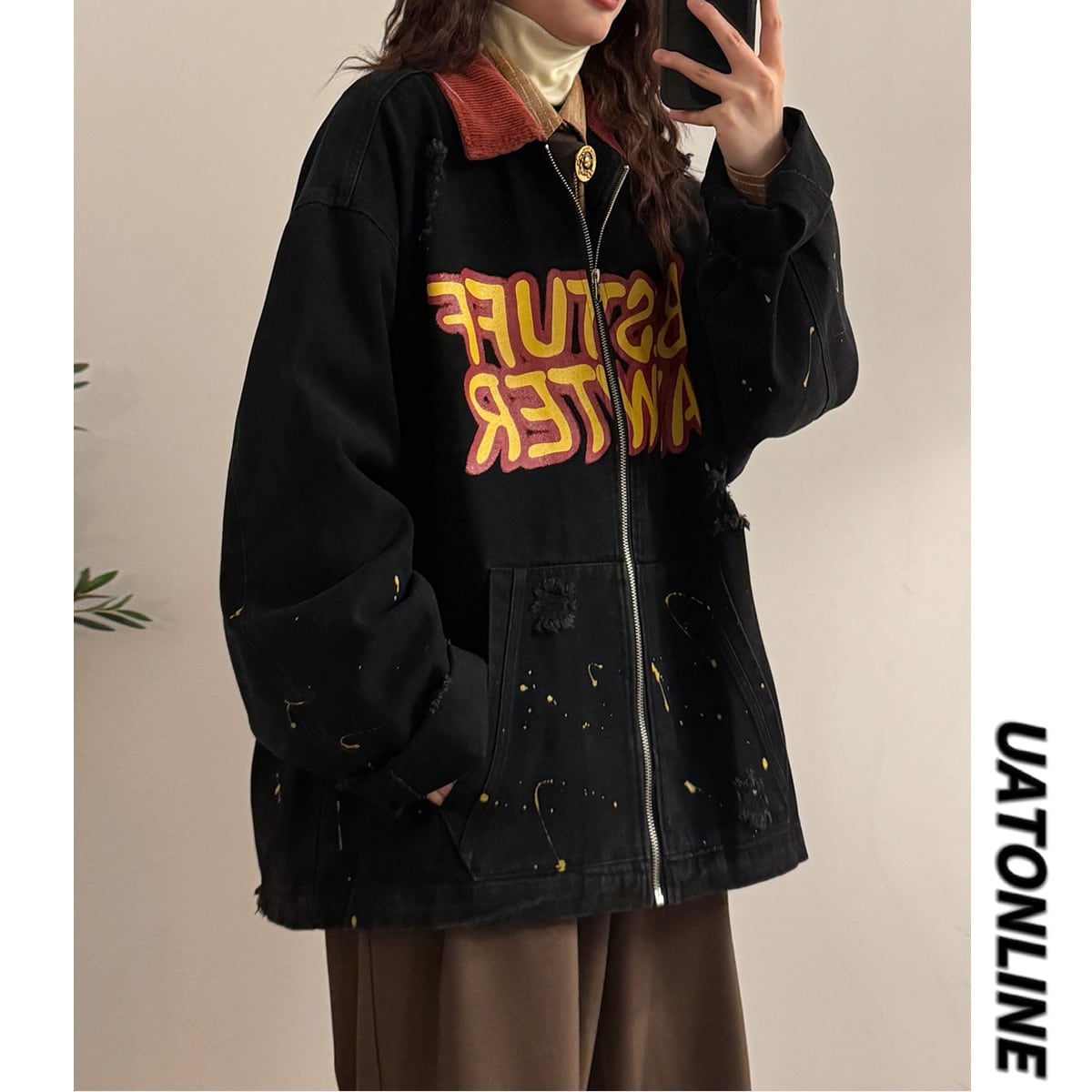 ✿New item! [UATONLINE Series] ★Jacket★ Denim jacket outerwear unisex men's color scheme switching fashionable