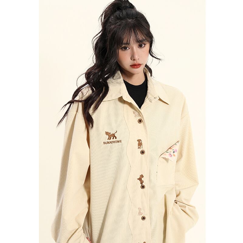 [YOYO Series]★Shirt★ 2color long sleeve shirt corduroy unisex men's cartoon apricot coffee color