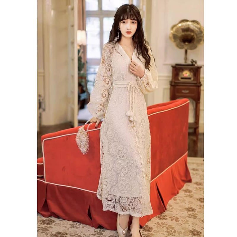 [GYBN Series] ★One Piece★ Lace V-neck Improves Temperament Retro Apricot Long Length Party