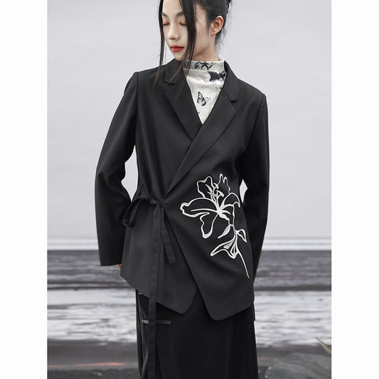 ✿New item! [Big Blue Dragon Series] ★China style outerwear★ Blazer Easy to match Flower embroidery V neck Black Black