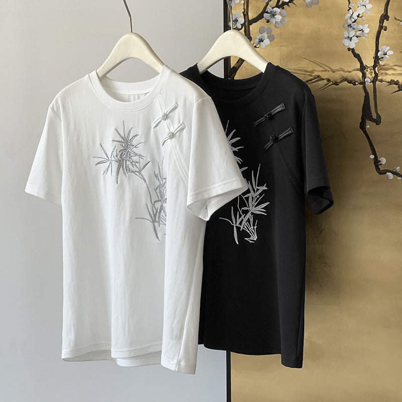 [Tachibana Series] ★China Style T-shirt★ 2color Tops Bamboo Embroidery Women's Chinese Clothing Improves Temperament Cotton