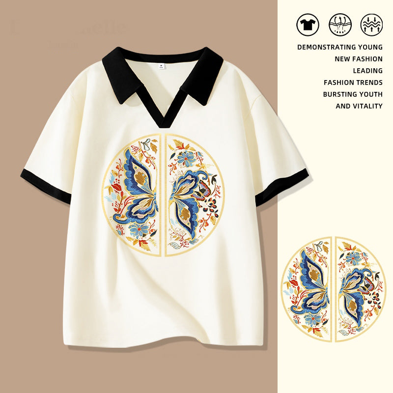 [LXBE series] ★Chinese style tops★ 3 colors Tops Short sleeve POLO shirt V-neck Cute butterfly