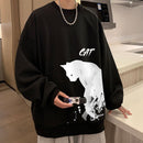 [WUSHE Series] ★Tops★ 4color long sleeve tops sweatshirt unisex men's large size cat cat cat black white gray blue