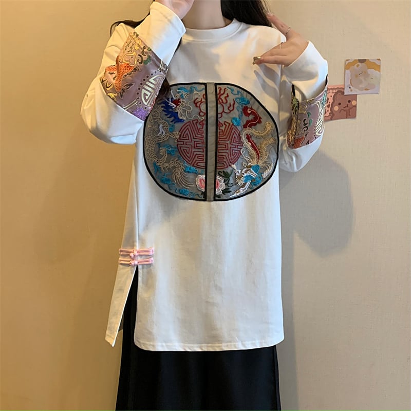 [YIPINSHAN Series]★China style tops★ 2color tops T-shirt embroidery white black