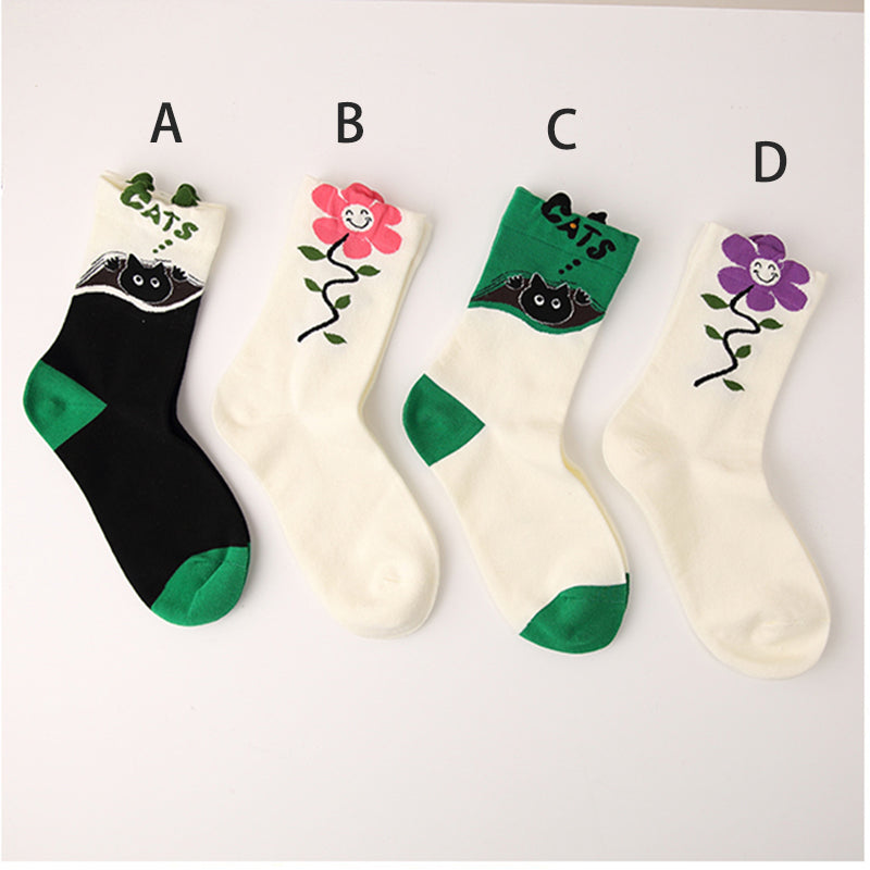 [Kairashi Series] ★Socks★ Set of 4 pairs Cotton Butterfly Cat Floral Black Green Pink Purple Cute