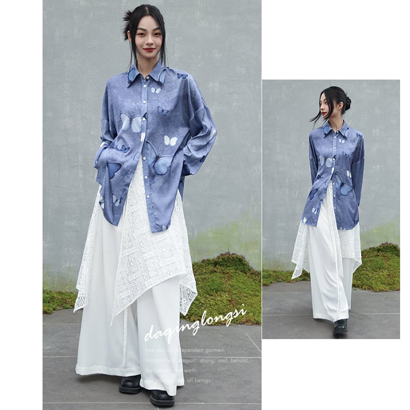 [Big Blue Dragon Series] ★China style tops★ Shirt, long sleeve shirt, butterfly satin blue, blue, cute, unique