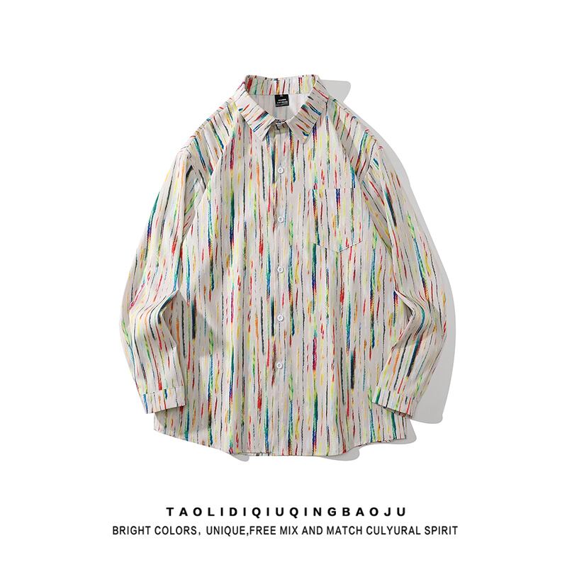 [JINKESEN Series]★Shirt★ Tops, long sleeve shirt, unisex, men's print, vertical stripes, striped pattern, color