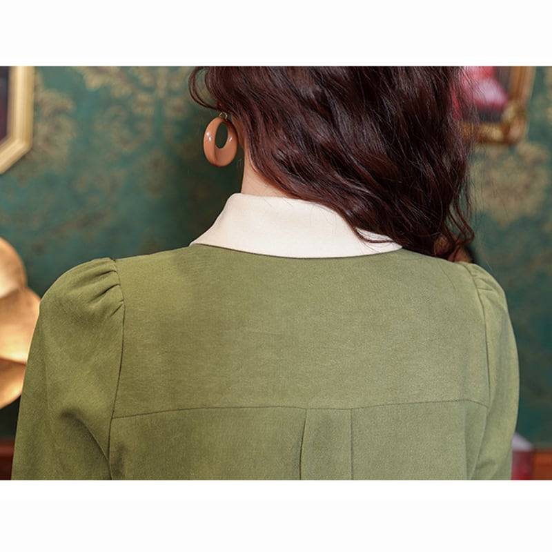 [HQE Series]★China style tops★ Shirt color scheme switching fake layered Chinese button green green