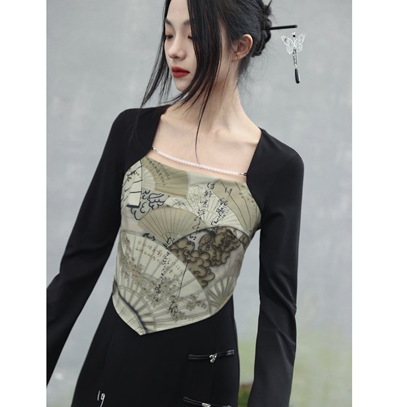 [Big Blue Dragon Series] ★China style dress★ Fake layered letter pattern slimming change black black