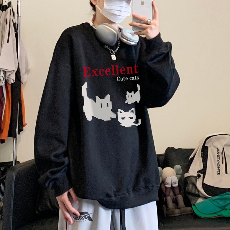 [XIHA Series] ★Tops★ 8color Sweatshirt Unisex Men's Large Size Cat Cat Blue White Black Gray Red Green