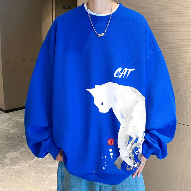 [WUSHE Series] ★Tops★ 4color long sleeve tops sweatshirt unisex men's large size cat cat cat black white gray blue