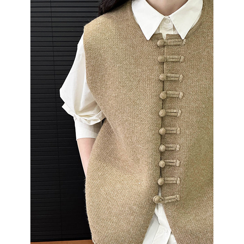 [Tachibana Series] ★China style tops★ 4color Vest Knit Ladies Improves temperament Black Gray Light Green Brown