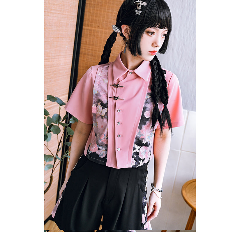 [Kokaisha---Butterfly Gin Series] ★Chinese-style top★ Short-sleeved shirt, unique, original design, butterfly, pink, cute