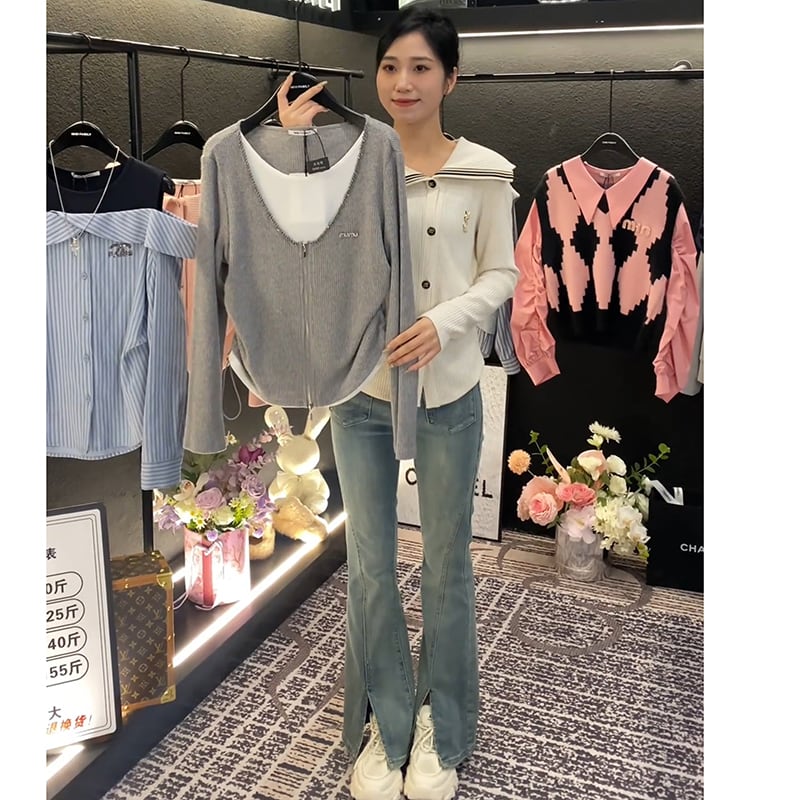 [OHHF Series] ★Tops★ T-shirt Faux Layered V-Neck Gray Gray Improves Temperament Women's