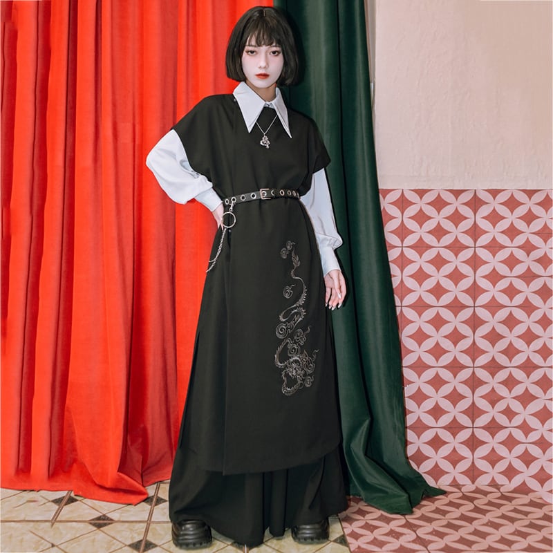 ✿New item! [Old Monster---Tatsuryu Series] ★Chinese style dress★ Sleeveless Hanfu dress Black Black