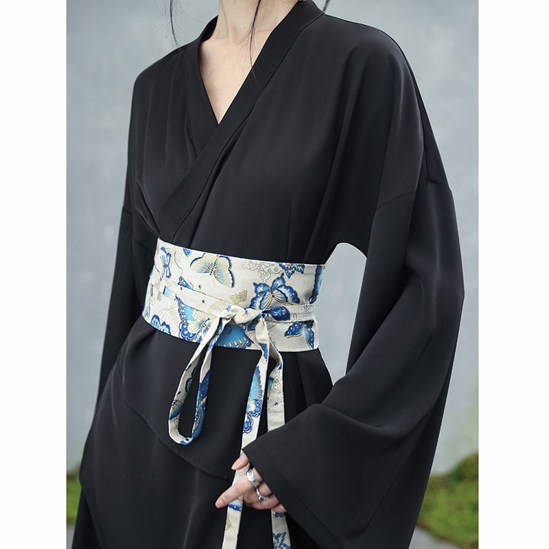 ✿New item! [Da Qinglong Shu Series]★Chinese style dress★ Belted dress Hanfu dress V neck long length Black Black