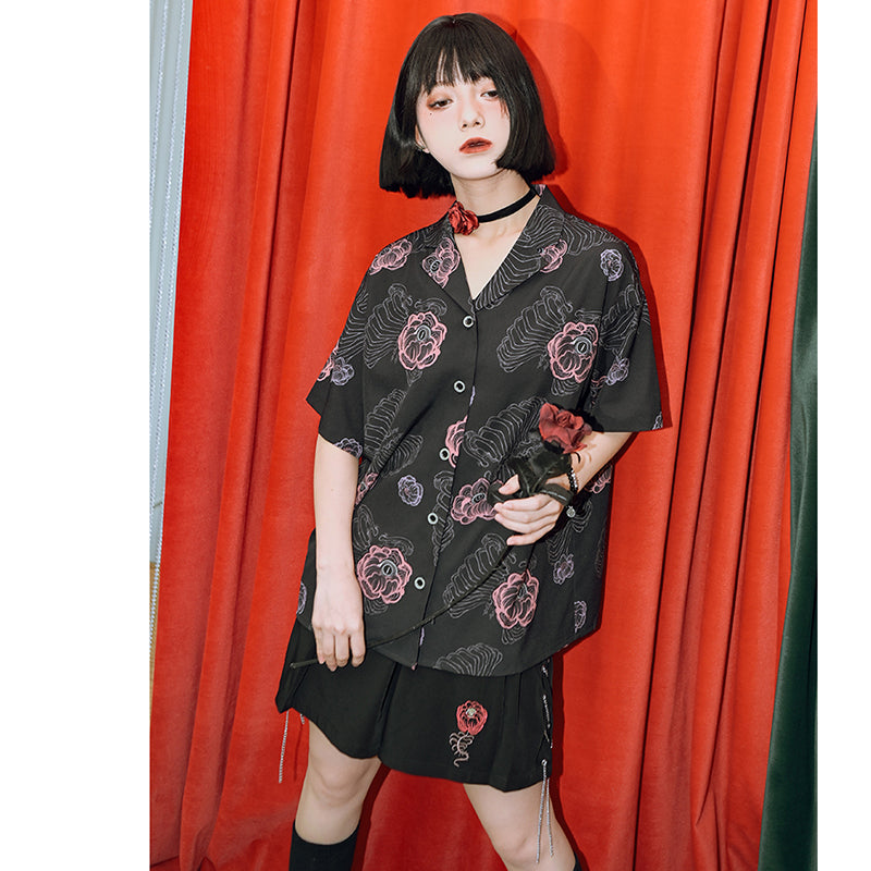 [Kogaesha---Flower Bone Series] ★Chinese-style tops★ 2 colors Short-sleeved tops Short-sleeved shirts Printed Unique Original Black White 