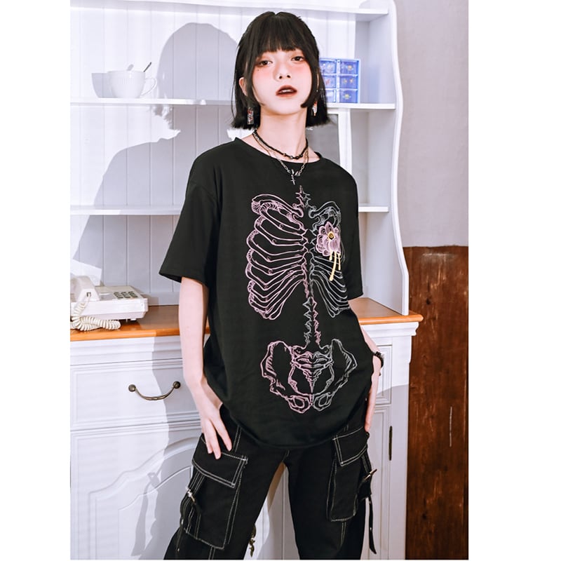 [Kokaisha---Flower Bone Series] ★Chinese-style tops★ 2color short-sleeved T-shirt printed unique original black pink