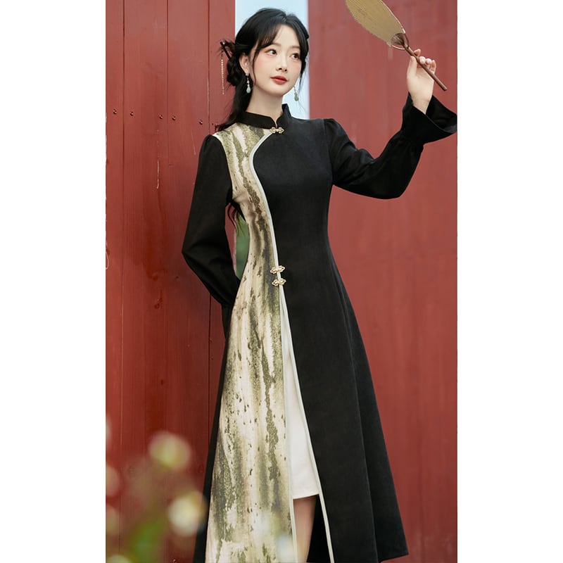 [Hanamori Series] ★China-style dress★ Improved cheongsam dress with switching design Black Black