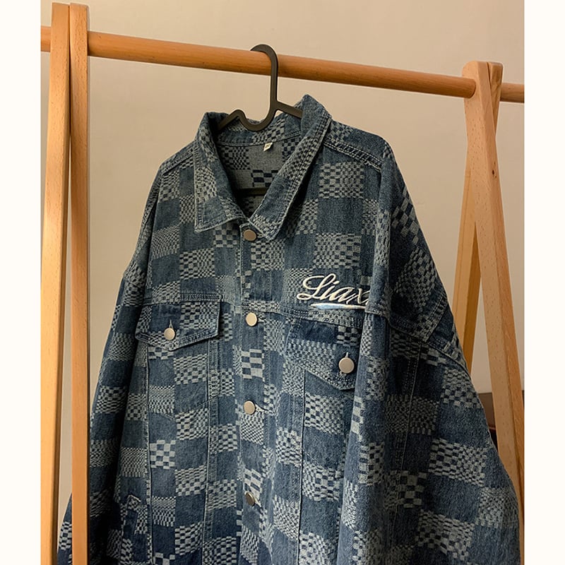 [BAOYAN Series] ★Jacket★ Denim jacket outerwear jeans unisex men's plaid pattern blue blue