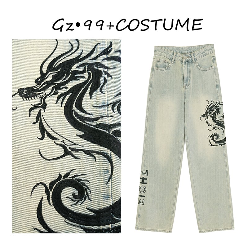 [GZ・99 Series]★China style pants★ 2color bottoms denim pants dragon pattern dragon pattern blue blue