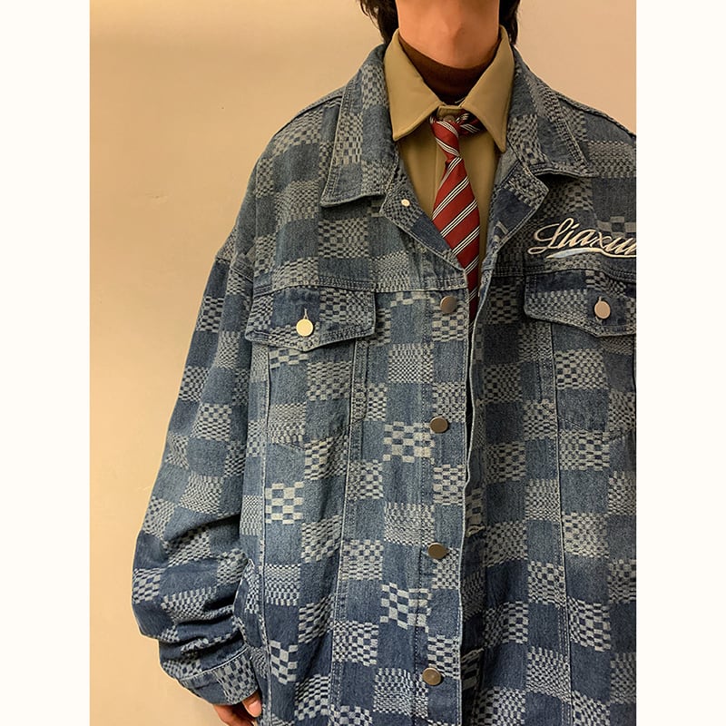 [BAOYAN Series] ★Jacket★ Denim jacket outerwear jeans unisex men's plaid pattern blue blue