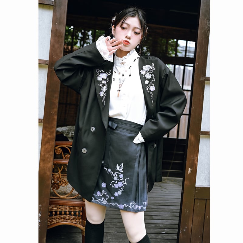 ✿New item! [Ancient monster house --- butterfly series] ★China style skirt★ Maki skirt bottoms short length black black Hanfu skirt