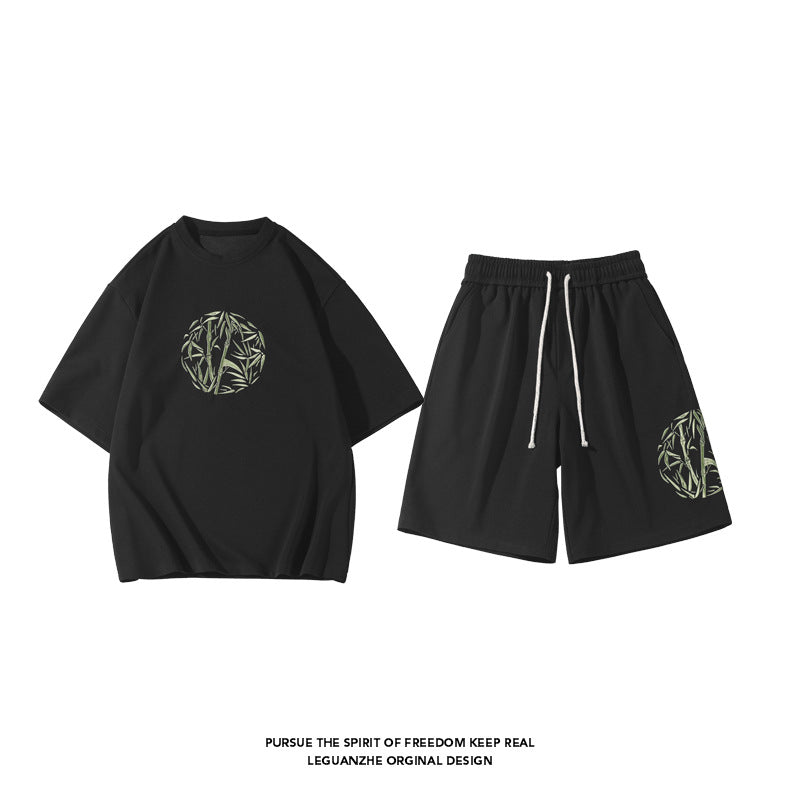 [BIGEMAN Series] Chinese-style set-up, T-shirt + shorts, 2 colors, embroidery, unisex, men's, large size, cool, casual