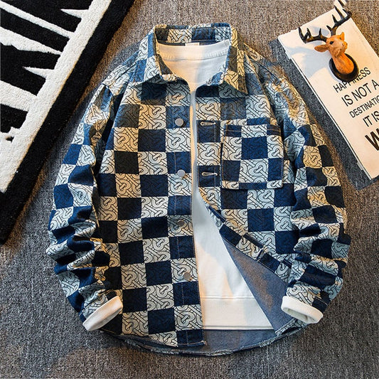 [HPCP Series]★Jacket★ Outerwear Unisex Men's Casual Plaid Pattern Blue Blue