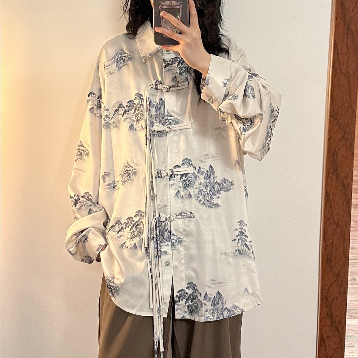 ✿New item! [UATONLINE Series] ★China style shirt★ Long sleeve shirt Ink pattern tops Unisex Men's China button