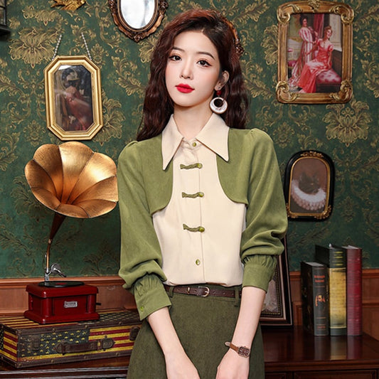 [HQE Series]★China style tops★ Shirt color scheme switching fake layered Chinese button green green