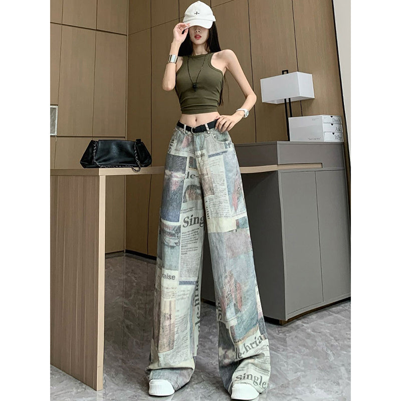 [OURI Series] ★Denim pants★ Trousers Bottoms Casual Easy to match Ladies Retro Print Unique